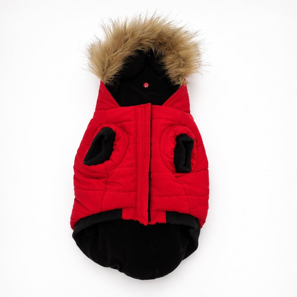 Canada Pooch North Pole Parka Red Dog Coat Faux Fur Hood Fleece Lined Size 16 - Picture 3 of 5